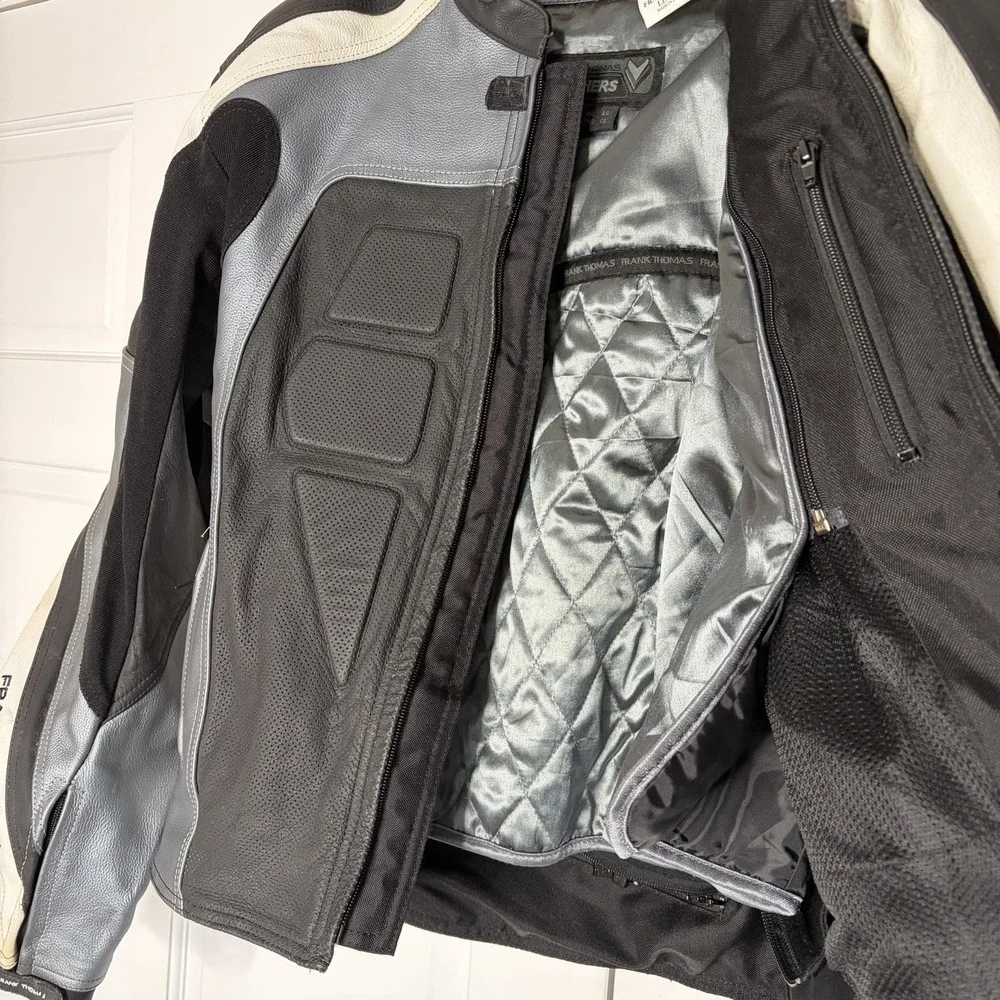 Frank Thomas‎ Motorcycle Jacket Mens 46 Leather Padded Sport Racing Black Silver